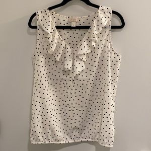Loft Outlet ivory/black polka dot silk ruffle blouse, Size M